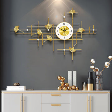 Metal Gold Ginkgo Leaf Art Deco Wall Clock