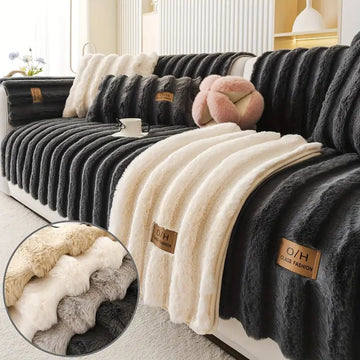 Rabbit Plush Sofa Cover, Thick Soft Fur Vertical Stripe Sectional Couch Cover