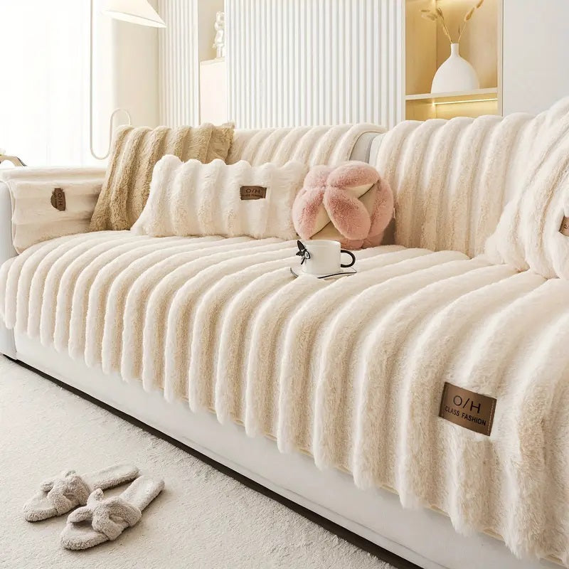 Rabbit Plush Sofa Cover, Thick Soft Fur Vertical Stripe Sectional Couch Cover