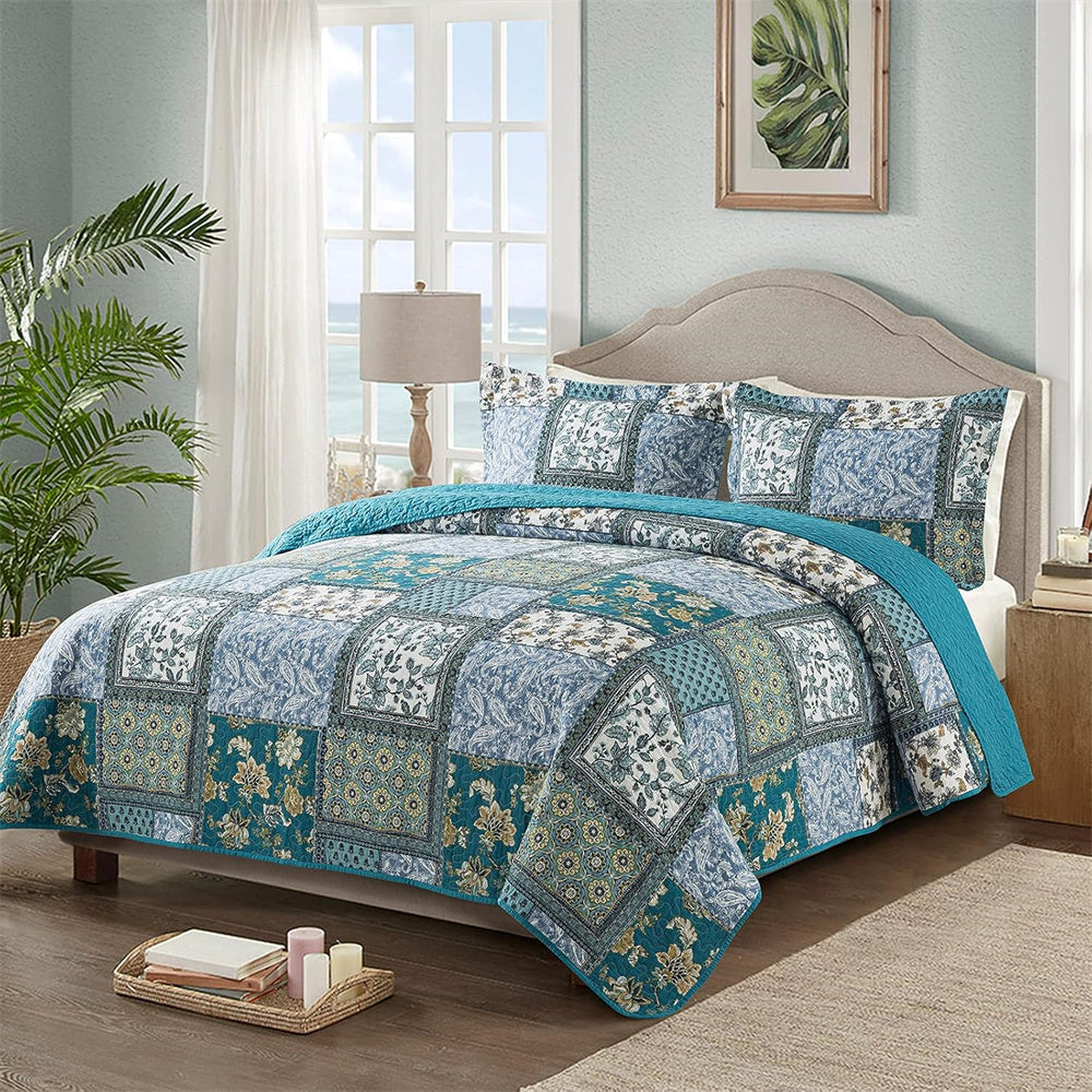 3pcs Teal/Green Farmhouse Cotton Bedspread Set