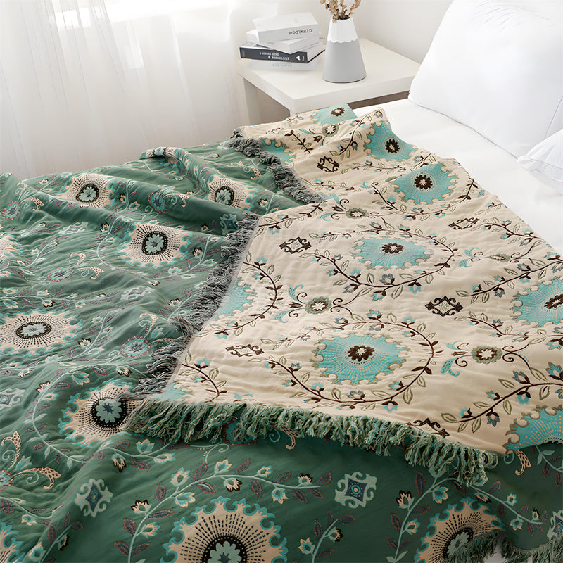 Reversible Boho Cotton Gauze Blanket with Tassel