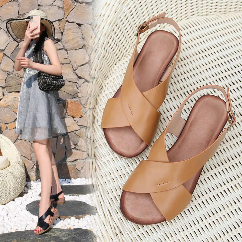Leather Cross Strap Women's Wedge Sandals
