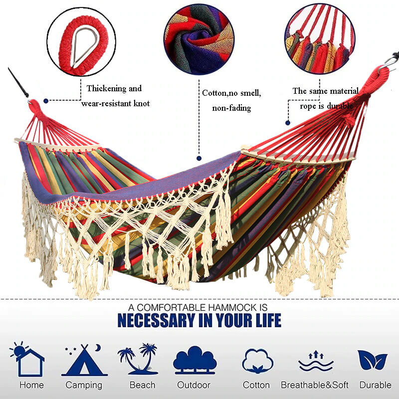 Boho Hammock with Tassels, Indoor and Outdoor Fringe Hammock, Garden Hammock with Portable Carry