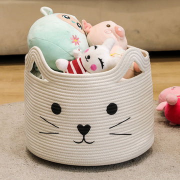 Cute Cat Face Woven Toy Basket