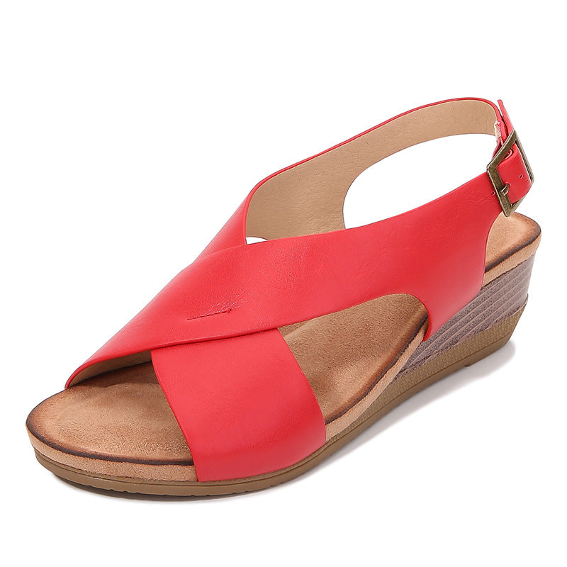 Leather Cross Strap Women's Wedge Sandals