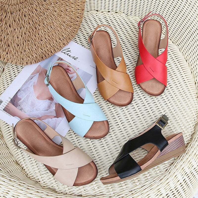 Leather Cross Strap Women's Wedge Sandals