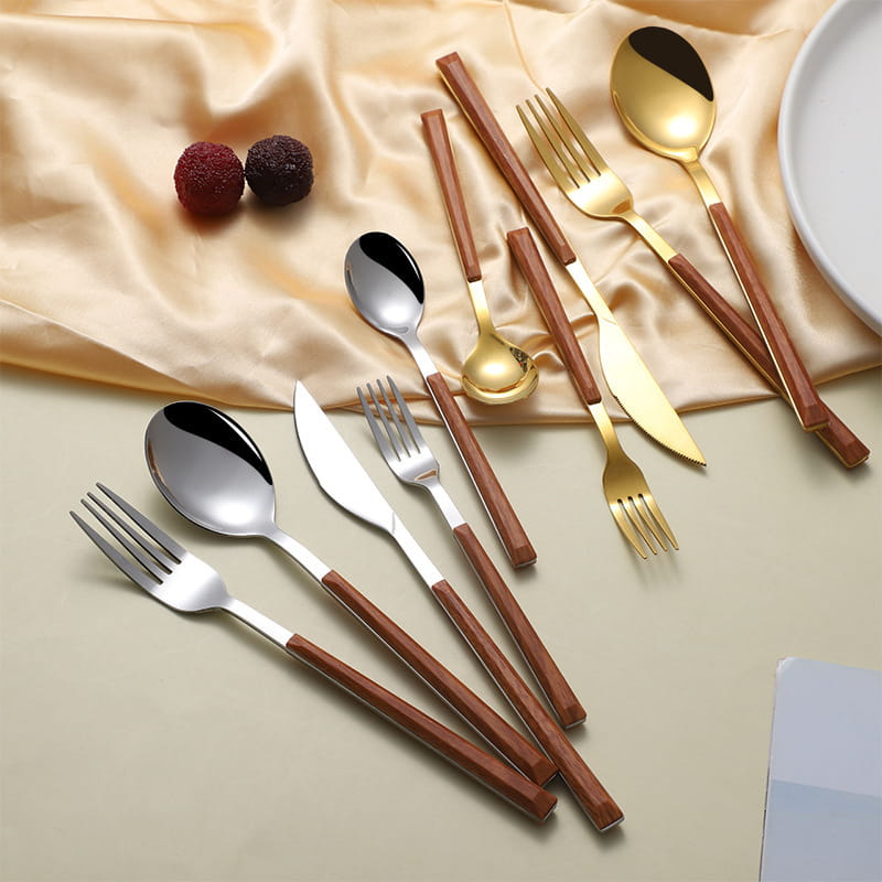 Stainless Steel Cutlery Set,5 Pieces Gold and Sliver Flatware with Wood ...